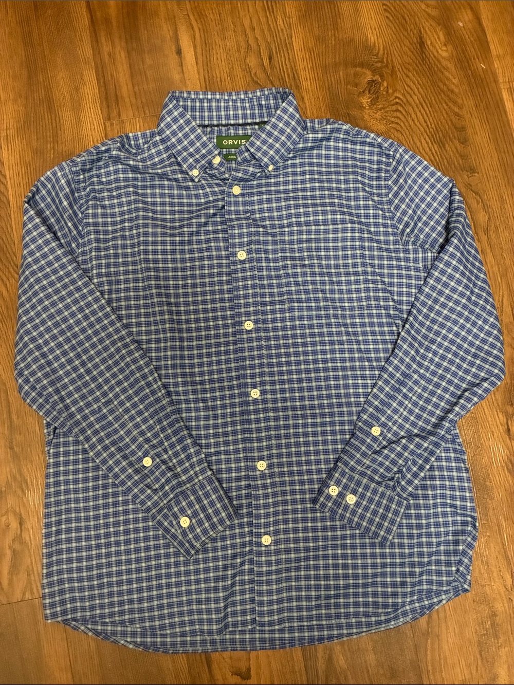 Orvis Men's Blue and White Checked Button-Down Shirt